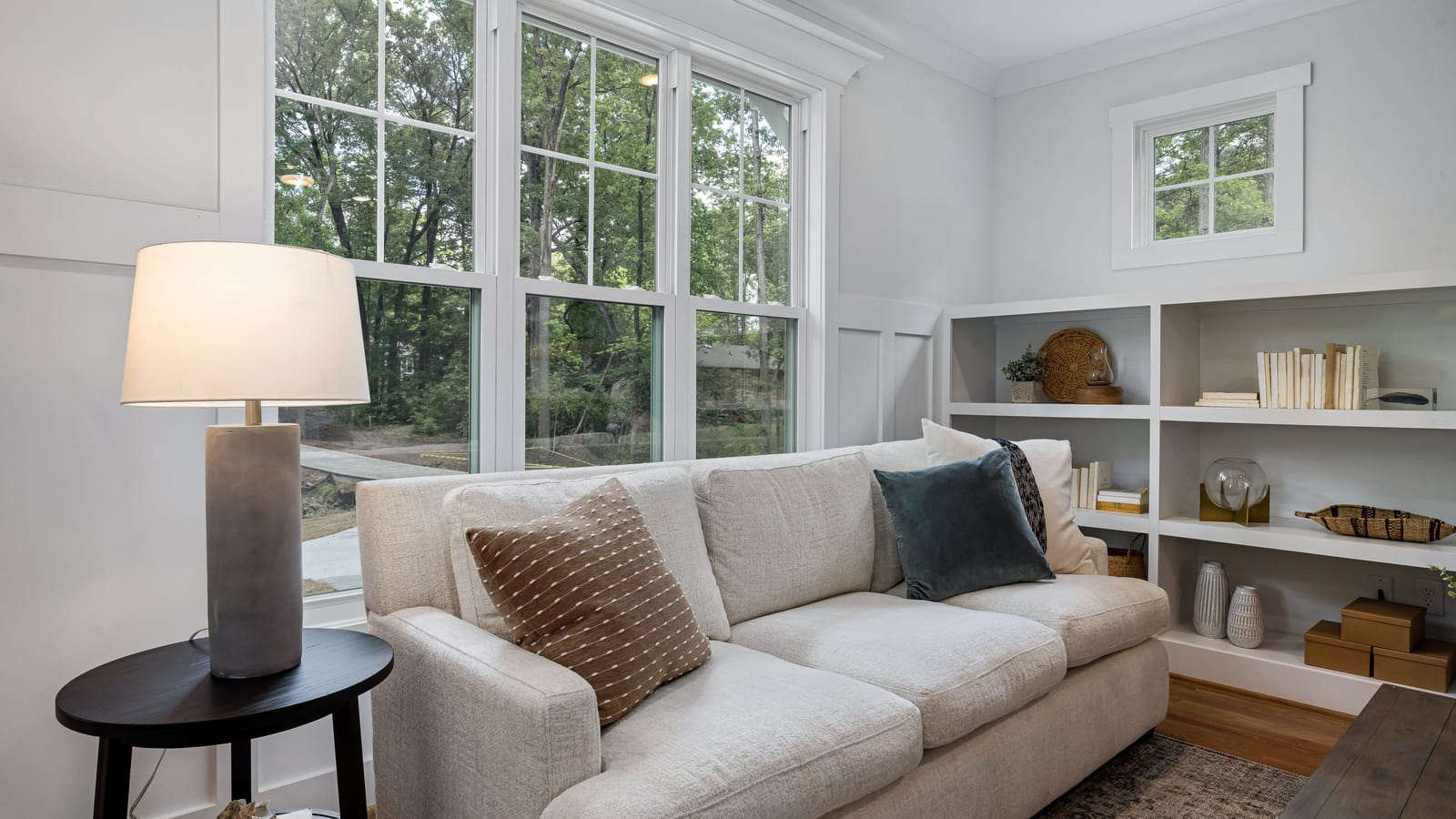 A bright, freshly cleaned living room
