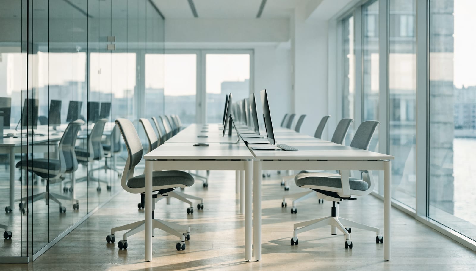 A clean, open-plan office